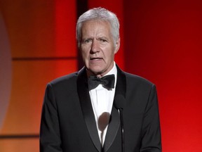 FILE - In this April 30, 2017, file photo, Alex Trebek speaks at the 44th annual Daytime Emmy Awards at the Pasadena Civic Center in Pasadena, Calif. Trebek can see life without "Jeopardy." Speaking Monday, July 30, 2018, on Fox News' "OBJECTified," Trebek said the odds are 50/50, "and a little less," he won't return to the game show he's hosted since 1984 when his contract expires in 2020.