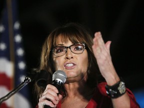 FILE - In this Sept. 21, 2017, file photo, former vice presidential candidate Sarah Palin speaks at a rally in Montgomery, Ala. The former Republican vice presidential candidate says she fell victim to British comedian Sacha Baron Cohen during an interview for his upcoming Showtime series, "Who Is America?" In a Facebook post on Tuesday, July 10, 2018, the former Alaska governor wrote she and a daughter traveled across the country for what she thought was a legitimate interview. But she says Cohen had "heavily disguised himself" as a disabled U.S. veteran in a wheelchair.