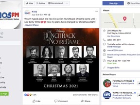 This screenshot from the Facebook page of K105-FM in Fort Wayne, Ind., shows what appears to be a promotional image falsely claiming that Disney plans to release a star-studded revival of the film "The Hunchback of Notre Dame." A Disney representative has confirmed that the image is not real. (Facebook via AP)