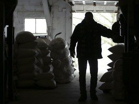 FILE- In this April 5, 2018, file photo, Richard McNulty of Sankey's Feed Mill walks through stacks of feed available at the store in Volant, Pa. McNulty said ground soybean is mixed in with certain livestock feeds. Many small U.S. manufacturers are feeling the impact of tariffs of up to 25 percent that the Trump administration has imposed on thousands of products imported from China, Europe, Mexico, Canada, India and Russia, and of retaliatory tariffs that countries have put on U.S. exports. Among the products the U.S. has targeted are aluminum, steel and goods made from those metals, vehicles and their components and computer parts. The retaliation has hit U.S. makers of food and farm products, alcoholic beverages and boats and other vehicles.