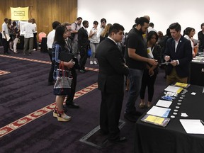 In this June 20, 2018, photo, people attend a job fair in Chicago. A private survey shows that American businesses added 177,000 workers in June, a sign of health and resilience for the U.S. labor market and economy. Payroll processor ADP said Thursday, July 5, that hiring was led by employers with more than 50 workers.