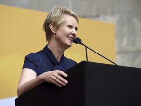 New York Democratic gubernatorial candidate Cynthia Nixon speaks at OZY Fest in Central Park on Saturday, July 21, 2018, in New York.