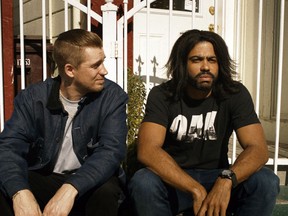 This image released by Lionsgate shows Daveed Diggs, right, and Rafael Casal in a scene from "Blindspotting." (Lionsgate via AP)