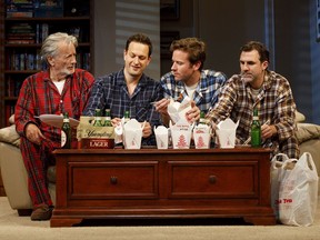This image released by Polk PR shows, from left, Stephen Payne, Josh Charles, Armie Hammer and Paul Schneider during a performance of "Straight White Men," in New York. The play was written by Young Jean Lee, the first Asian-American woman playwright to have a play open on Broadway.