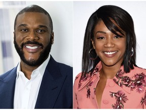 This combination photo shows actor-filmmaker Tyler Perry in New York on Nov. 16, 2017, left, and comedian-actress Tiffany Haddish at the Turner Networks 2018 Upfront in New York on May 16, 2018. Perry, who cast Haddish in his upcoming comedy "Nobody's Fool," surprised the comedian with a Tesla Model X, a high-end electric vehicle. "I can feel the electricity going through my body, feel like I'm getting recharged myself," Haddish said from the red carpet of Spike Lee's "Blackkklansman," Monday in New York. (AP Photo)