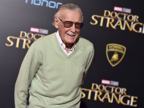 FILE - In this Oct. 20, 2016 file photo, Stan Lee arrives at the premiere of "Doctor Strange" in Los Angeles. A judge has found that an attorney who had obtained an elder-abuse restraining order on behalf of Lee does not in fact represent him. Los Angeles Superior Court Judge Pro Tem Ruth Kleman said that she did not recognize Tom Lallas as Lee's lawyer, and dissolved the temporary restraining order against Lee's former personal adviser Keya Morgan.