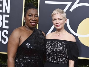 FILE - In this Jan. 7, 2018 file photo, social activist and founder of the #MeToo movement, Tarana Burke, left, and actress Michelle Williams wear black at the 75th annual Golden Globe Awards in Beverly Hills, Calif. Burke, who toiled in obscurity for years, has had a head-spinning nine months since the day last October, shortly after the Harvey Weinstein sexual abuse accusations, when actress Alyssa Milano encouraged survivors to tweet #MeToo.