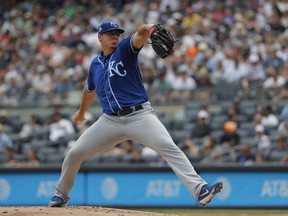 Kansas City Royals pitcher Brad Keller delivers against the New York Yankees during the first inning of a baseball game, Saturday, July 28, 2018, in New York.