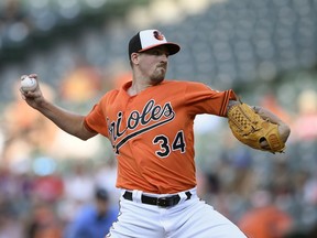 FILE - In this July 28, 2018 file photo Baltimore Orioles starting pitcher Kevin Gausman delivers during the first inning of a baseball game against the Tampa Bay Rays in Baltimore. Atlanta Braves manager Brian Snitker says the Braves 'hit all the boxes' with four trade-deadline deals. Atlanta acquired  Gausman and Darren O'Day from Baltimore in their last trade, Tuesday, July 31 , 2018. Gausman joins Atlanta's rotation as the Braves chase a playoff spot.