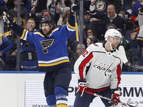 FILE - In this Monday, April 2, 2018, file photo, St. Louis Blues' Patrik Berglund, of Sweden, celebrates after scoring as Washington Capitals' Evgeny Kuznetsov, right, skates away during the second period of an NHL hockey game, in St. Louis. On Sunday, July 1, 2018, Berglund was traded to the Buffalo Sabres.
