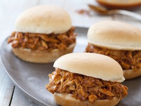 This undated photo provided by America's Test Kitchen in June 2018 shows barbecued pulled chicken sandwiches in Brookline, Mass. This recipe appears in the "The Complete Cook's Country TV Cookbook, 10th Anniversary Edition."