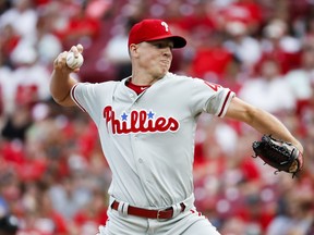 Philadelphia Phillies starting pitcher Nick Pivetta throws in the first inning of a baseball game against the Cincinnati Reds, Friday, July 27, 2018, in Cincinnati.