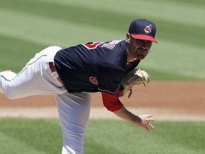 Cleveland Indians starting pitcher Shane Bieber delivers in the first inning of a baseball game against the Oakland Athletics, Sunday, July 8, 2018, in Cleveland.