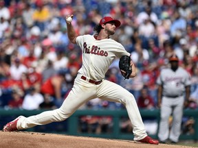 Philadelphia Phillies starting pitcher Aaron Nola throws during the first inning of a baseball game against the Baltimore Orioles, Wednesday, July 4, 2018, in Philadelphia.