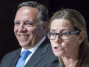 Coalition Avenir Quebec leader Francois Legault presents Martyne Prevost as candidate for the ridge of Marie-Victorin during a news conference in Longueuil, Que. on Tuesday, July 31, 2018.
