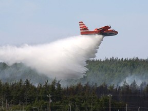 A water bomber works to bring a forest fire under control in Kenmount Terrace, a neighbourhood in St. John's on Monday, July 9, 2018.