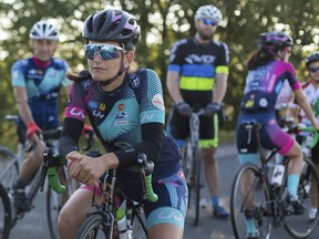 Stephanie Bonfils contemplates the task ahead before the 218-kilometre stage from Carcassonne to Bagneres-de-Luchon in the Pyrenees on Monday, July 23, 2018. Bonfils is a member of a 13-woman team cycling the Tour de France route to promote women's cycling and a return of the women's Tour.