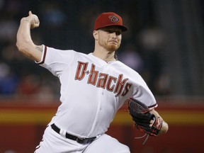 Arizona Diamondbacks starting pitcher Shelby Miller throws to a San Diego Padres batter during the first inning of a baseball game Thursday, July 5, 2018, in Phoenix.