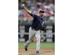 San Diego Padres' Tyson Ross pitches during the first inning of the first baseball game in a double header against the Philadelphia Phillies, Sunday, July 22, 2018, in Philadelphia.