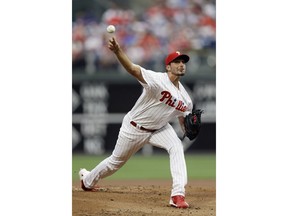 Philadelphia Phillies' Zach Eflin pitches during the first inning of a baseball game against the Los Angeles Dodgers, Monday, July 23, 2018, in Philadelphia.