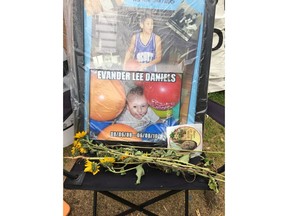 The City of Saskatoon is supporting a peaceful protest in a local park that's been set up to help Indigenous people heal from past injustices they've experienced. The Healing Camp for Justice was started by Chris Martell, whose son Evander Lee Daniels died while in foster care in 2010. A small memorial to Evander Lee Daniels is seen at the Healing Camp for Justice on Wednesday, July 11, 2018.
