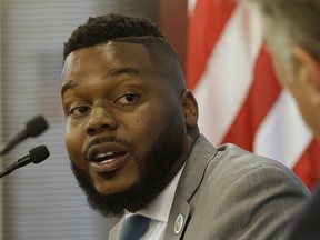 Stockton Mayor Michael Tubbs responds to a question during his appearance before the Sacramento Press Club, Tuesday, July 10, 2018, in Sacramento, Calif. Tubbs, 27, is one of the nation's youngest big city mayors and has launched programs to provide universal basic income to a group of low-income residents and guaranteed college scholarships for public high school graduates.