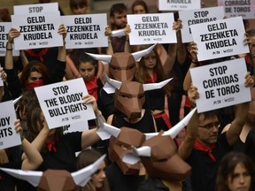 Demonstrators protest against bullfighting in front of the City Hall a day before of the famous San Fermin festival, in Pamplona, northern Spain, Thursday, July 5, 2018. The festival will begin on July 6 with the ''txupinazo'' opening ceremony, with people participating in bull runs, music and dance, through the old city.