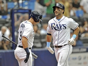 Tampa Bay Rays' Kevin Kiermaier, right, runs past Jake Bauers into the dugout after hitting s solo home run off Detroit Tigers starter Jordan Zimmerman during the third inning of a baseball game Wednesday, July 11, 2018, in St. Petersburg, Fla.