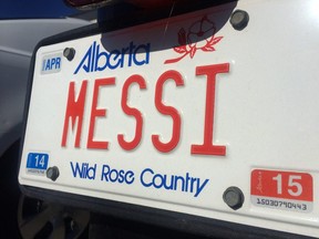 A personalized plate belonging to soccer fan Parampal Gill is shown on Wednesday June 4, 2014 in Calgary, Alta.