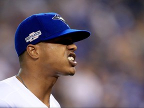 TORONTO, ON - OCTOBER 17: Marcus Stroman #6 of the Toronto Blue Jays reacts against the Cleveland Indians during game three of the American League Championship Series at Rogers Centre on October 17, 2016 in Toronto, Canada. (Photo by Vaughn Ridley/Getty Images)