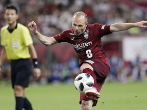 Vissel Kobe's Andres Iniesta tries to score a goal against Shonan Bellmare in the second half of their J-League soccer league match in Kobe, western Japan, Sunday, July 22, 2018. Iniesta made his J-League debut on Sunday.