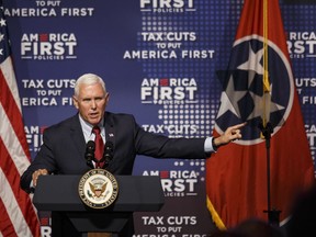 Vice President Mike Pence speaks at a tax policy event hosted by America First Policies at Lee University's Pangle Hall on Saturday, July 21, 2018, in Cleveland, Tenn. Pence was the keynote speaker at the event.