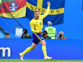 Sweden midfielder Emil Forsberg celebrates his goal against Switzerland at the World Cup on July 3.