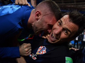 Croatia forward Mario Mandzukic celebrates his goal in extra time against England in the World Cup semifinals on July 11.