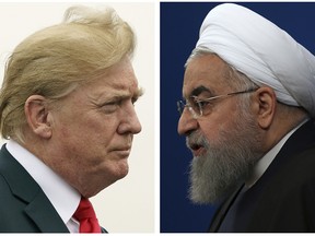 This combination of two pictures shows U.S. President Donald Trump, left, on July 22, 2018, and Iranian President Hassan Rouhani on Feb. 6, 2018.