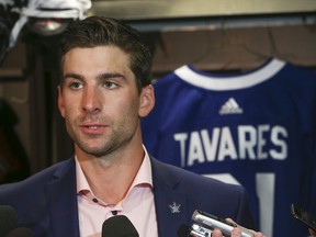 Toronto Maple Leafs John Tavares speaks to the media after agreeing to a seven-year, US$77-million contract on Sunday, July 1, 2018.