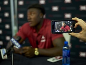 Oklahoma linebacker Kenneth Murray speaks during NCAA college football Big 12 media days in Frisco, Texas, Monday, July 16, 2018.