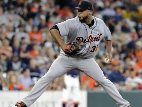 Detroit Tigers starting pitcher Francisco Liriano throws against the Houston Astros during the first inning of a baseball game Sunday, July 15, 2018, in Houston.
