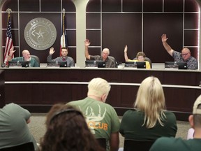 Santa Fe Independent School District school board members vote to approve a change order to remodel Santa Fe High School's front entrance during a board meeting on Tuesday, July 10, 2018 in Santa Fe, Texas. The board approved at least $1.5 million for increased security at its high school where a gunman killed eight students and two teachers two months ago.