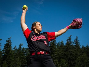 Canada women's national softball team pitcher Danielle Lawrie pitches during practice at the 2018 Canada Cup International Softball Championship in Surrey, B.C., on Tuesday July 17, 2018.