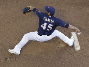 Milwaukee Brewers starting pitcher Jhoulys Chacin throws during the first inning of a baseball game against the Atlanta Braves Thursday, July 5, 2018, in Milwaukee.