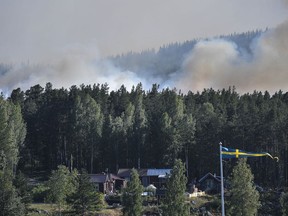 Smoke rises from just beyond a bank of trees and homes, as a wildfire threatens large tracts of land, outside Ljusdal, Sweden, Tuesday July 17,  2018. This is one of about 80 wildfires reported in Sweden, due to the dry weather.