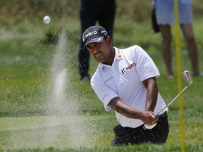 Anirban Lahiri hits out of the sand on the second hole during the third round of the Military Tribute at The Greenbrier golf tournament in White Sulphur Springs, W. Va., Saturday, July 7, 2018.