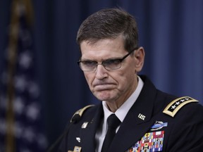 FILE - In this Aug. 30, 2016 file photo, U.S. Central Command Command Commander, U.S. Army Gen. Joseph Votel, speaks to reporters at the Pentagon. Votel said on Thursday that he has received no new guidance from the Pentagon on cooperating with Russia in Syria and that he is taking a "steady-as-she-goes" approach.