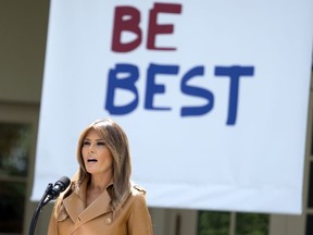 FILE - In this May 7, 2018, file photo, first lady Melania Trump speaks on her initiatives during an event in the Rose Garden of the White House in Washington. Melania Trump will receive a briefing on neonatal abstinence syndrome when she visits a Tennessee children's hospital on July 24. The first lady's visit to Monroe Carell Jr. Children's Hospital at Vanderbilt in Nashville, is tied to her "Be Best" initiative.