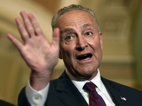 In this July 10, 2018, photo, Senate Minority Leader Sen. Chuck Schumer of N.Y., speaks to reporters on Capitol Hill in Washington. Schumer says it's all about health care. Sen. Richard Blumenthal, D-Conn., worries about the impact on the special counsel investigation. And Sen. Kamala Harris, D-Calif., sees an assault that could set women's rights back decades. There's so much for Democrats to dislike about Brett Kavanaugh, President Donald Trump's Supreme Court pick. And that may be the problem.