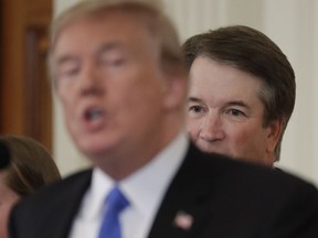 In this July 9, 2018, photo, President Donald Trump speaks as Judge Brett Kavanaugh his Supreme Court nominee, listens in the East Room of the White House in Washington. Trump made his second Supreme Court pick this week. Unless a justice dies, Trump has likely picked his last justice. Trump has speculated that he could appoint a majority of the nine-member court. But it has been three decades since a president has been able to name more than two justices to their life-tenured posts.