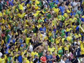 Brazilian fans see the round of 16 match between Brazil and Mexico at the 2018 soccer World Cup in the Samara Arena, in Samara, Russia, Monday, July 2, 2018.