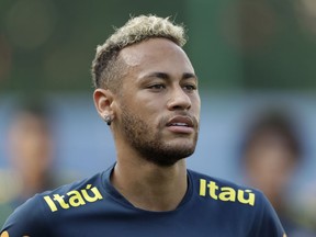 Brazil's Neymar attends a training session, in Sochi, Russia, Friday, June 29, 2018. Brazil will face Mexico on July 2 in the round of 16 for the soccer World Cup.