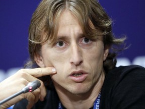 Croatia's Luka Modric listens to a question during a news conference of the Croatian national team at the 2018 soccer World Cup in Moscow, Russia, Saturday, July 14, 2018.